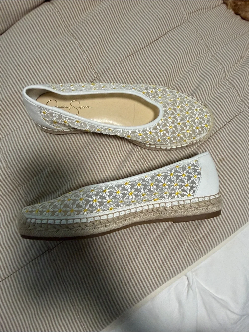 Jessica Simpson White Espadrille Flats with Yellow Floral Embroidery